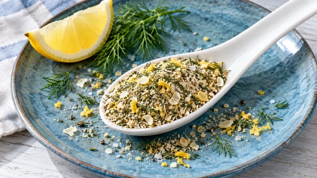 Lemon dill fish rub on a white spoon with fresh dill and a lemon wedge
