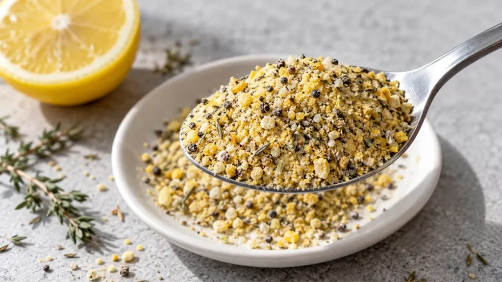 Lemon pepper chicken rub on a spoon with a lemon half and thyme sprigs