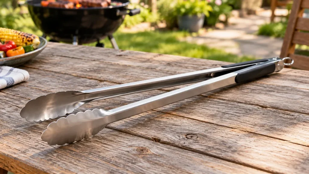 Long-handled stainless grill tongs lying on a weathered wooden table with a kettle grill behind