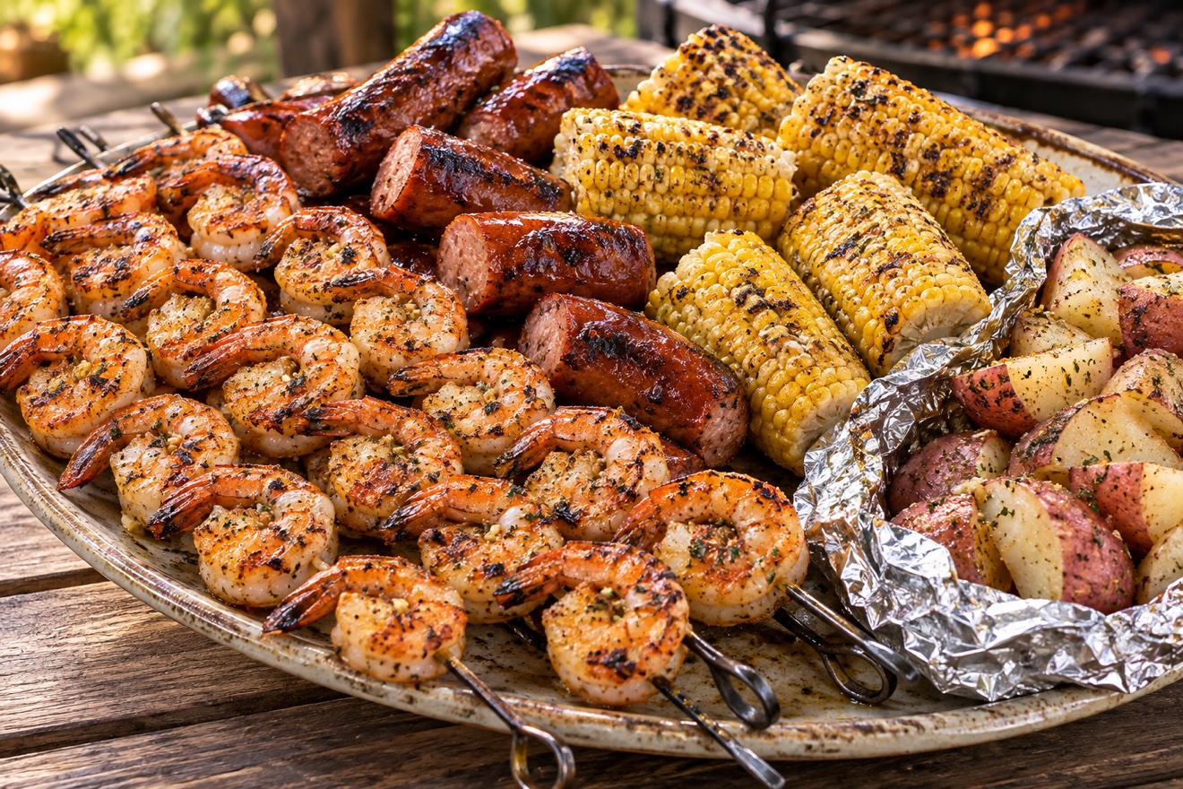 Low Country Grill — shrimp, kielbasa, corn and potatoes