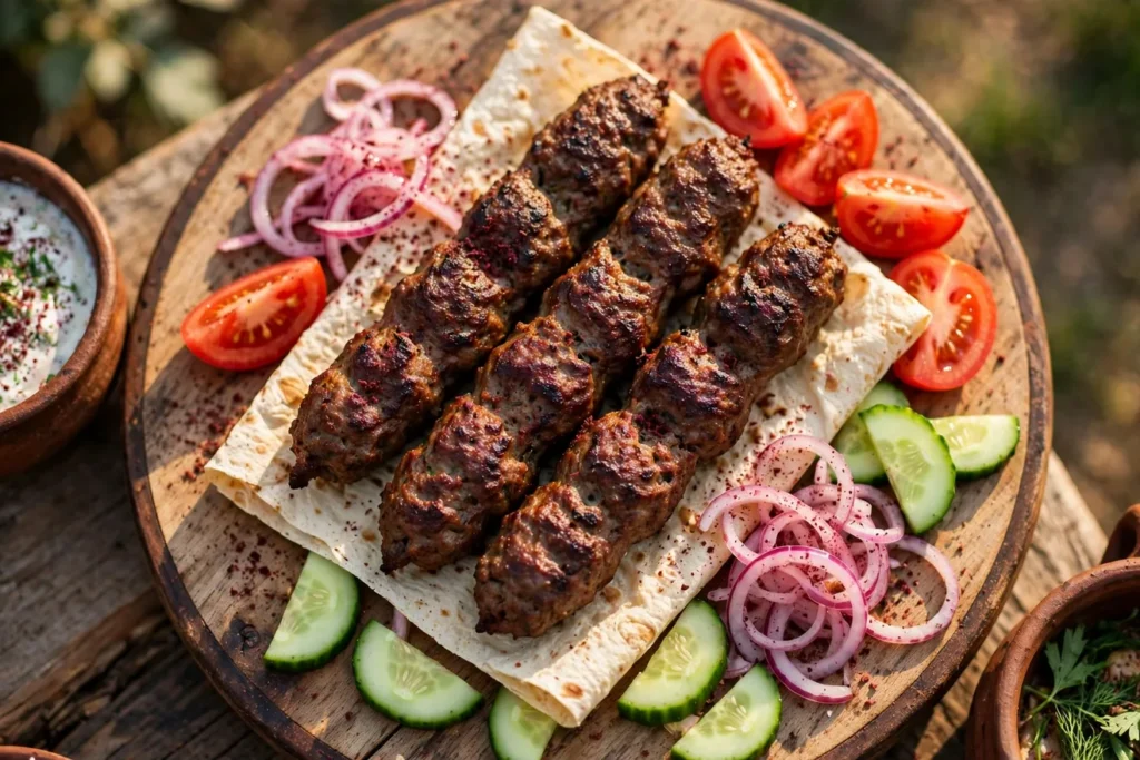 Lyulya kebabs on flat skewers with lavash, pickled onions, tomatoes, and herbs.