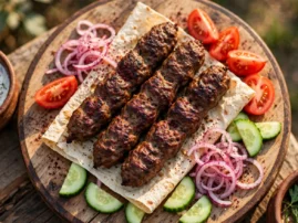 Lyulya kebabs on flat skewers with lavash, pickled onions, tomatoes, and herbs.