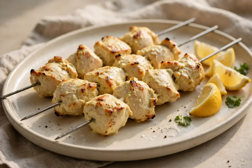 Malai chicken skewers with golden edges and lemon wedges.