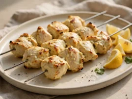 Malai chicken skewers with golden edges and lemon wedges.
