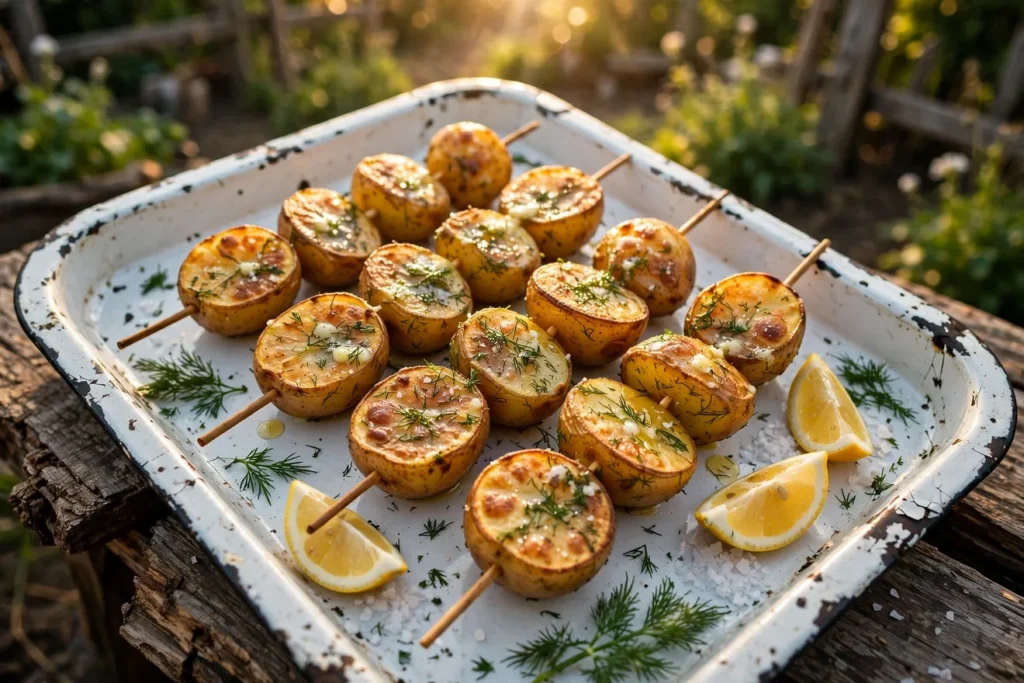 Mangal potato skewers with crisp edges, dill butter, and lemon.