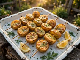 Mangal potato skewers with crisp edges, dill butter, and lemon.