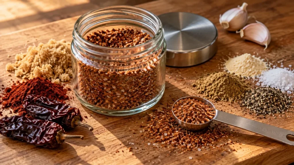 Maple chipotle pork rub in a glass jar with dried chipotle peppers and maple sugar