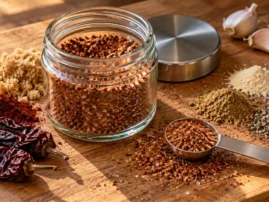 Maple chipotle pork rub in a glass jar with dried chipotle peppers and maple sugar