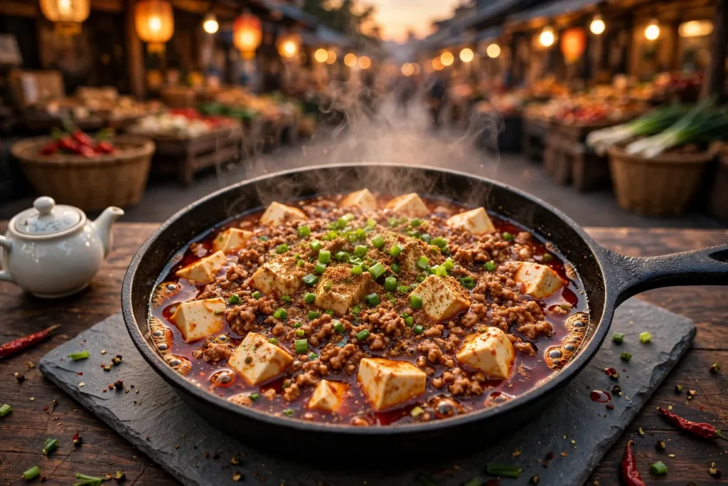 Mapo tofu in cast iron with chile bean sauce, pork, and Sichuan pepper.