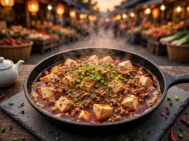 Mapo tofu in cast iron with chile bean sauce, pork, and Sichuan pepper.
