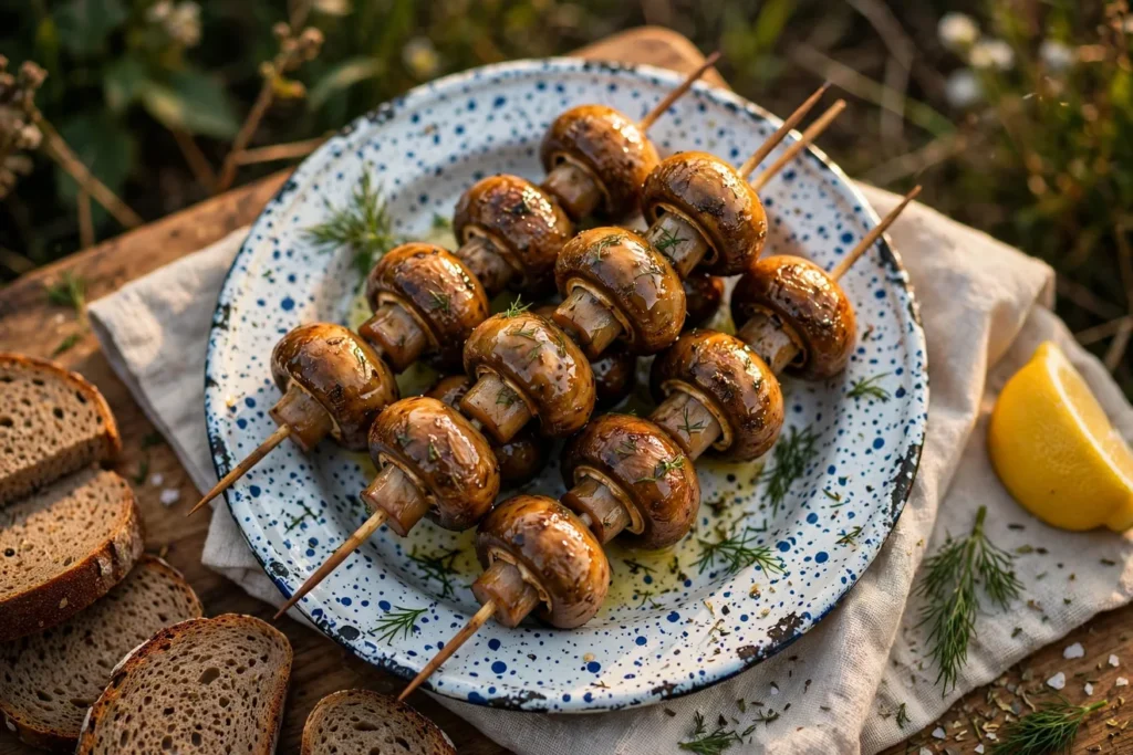 Marinated mushroom skewers with sour cream, garlic, dill, and rye bread.