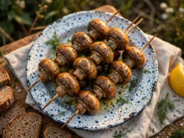 Marinated mushroom skewers with sour cream, garlic, dill, and rye bread.