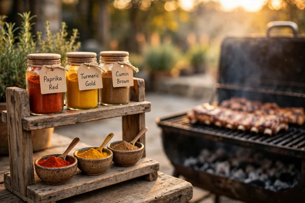 Small bowls of colorful ground spices on a wooden rack beside a grill.
