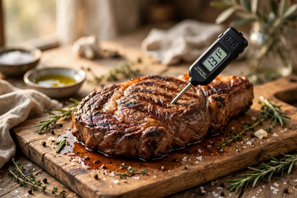 Instant-read thermometer in a grilled tomahawk steak on a wooden cutting board.
