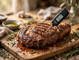 Instant-read thermometer in a grilled tomahawk steak on a wooden cutting board.
