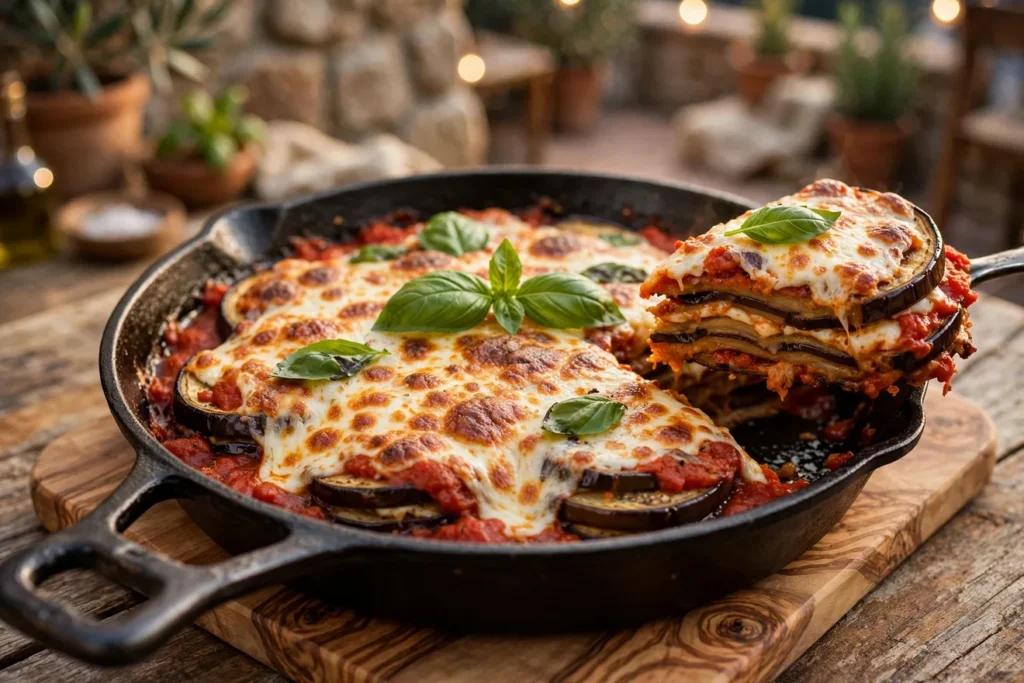 Melanzane alla griglia, grilled eggplant parmigiana style, bubbling in cast iron.