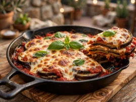 Melanzane alla griglia, grilled eggplant parmigiana style, bubbling in cast iron.