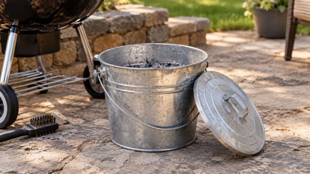 Galvanized metal ash bucket with its lid leaning against it, sitting on a stone patio beside a kettle grill