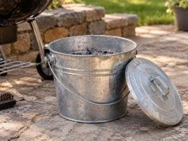 Galvanized metal ash bucket with its lid leaning against it, sitting on a stone patio beside a kettle grill