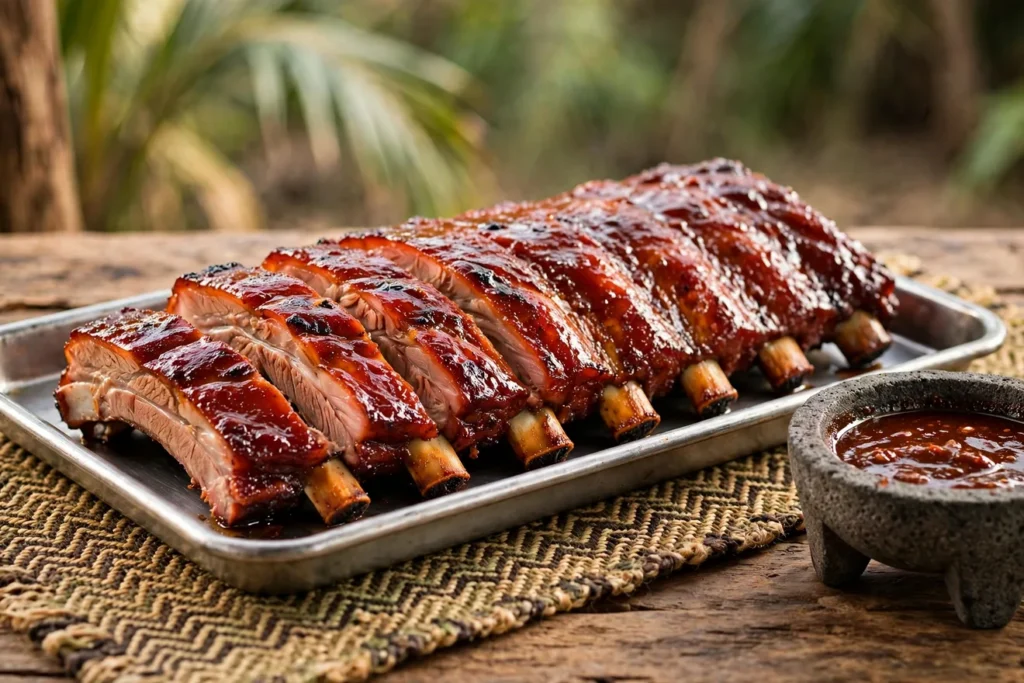 Mexican grilled pork ribs with a deep-red guajillo adobo glaze.
