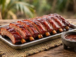 Mexican grilled pork ribs with a deep-red guajillo adobo glaze.