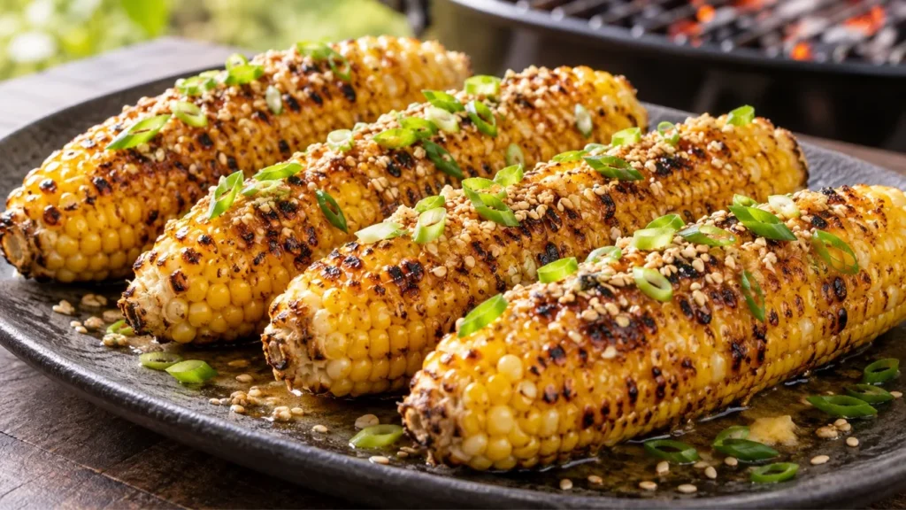 Grilled corn brushed with miso ginger butter and topped with scallions and sesame seeds.