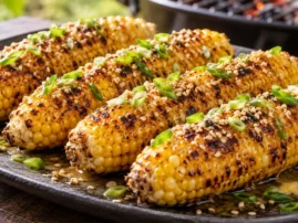 Grilled corn brushed with miso ginger butter and topped with scallions and sesame seeds.