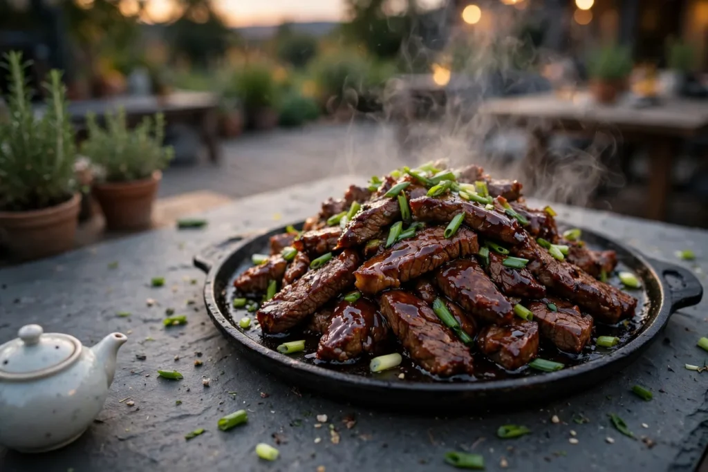 Mongolian beef on the griddle with a sweet soy glaze and scallions.