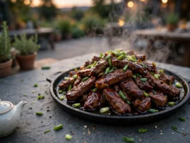 Mongolian beef on the griddle with a sweet soy glaze and scallions.