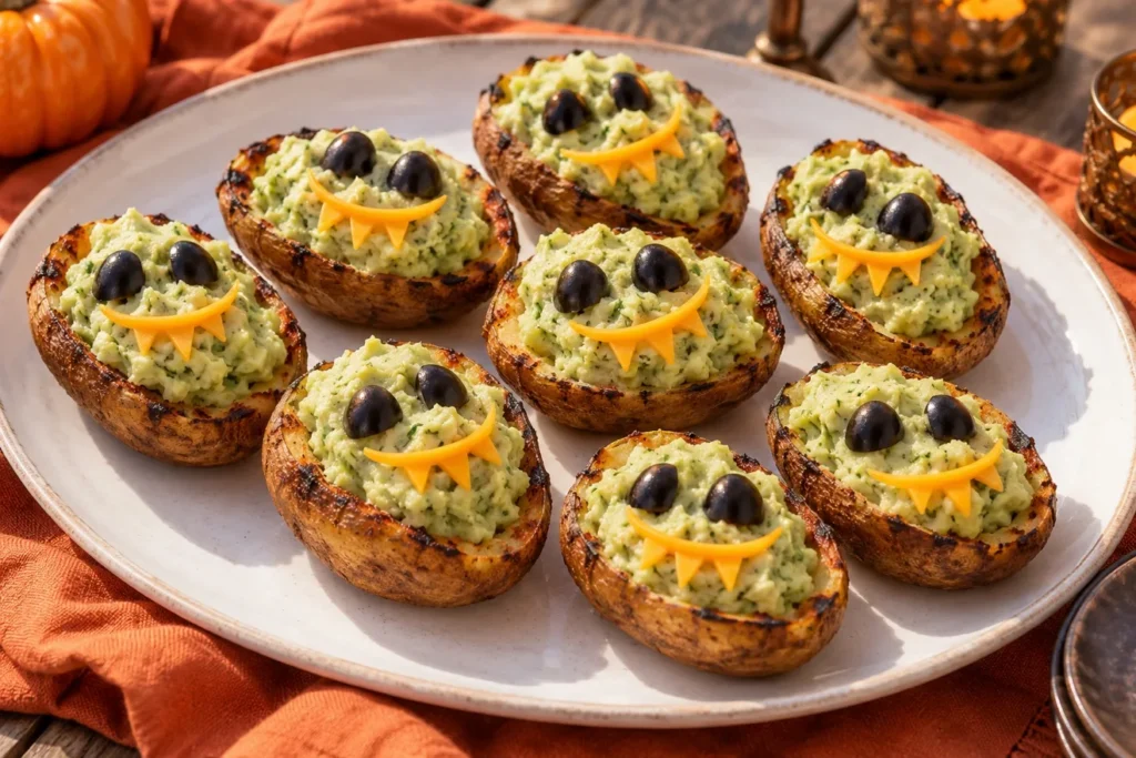 Grilled potato skins with avocado mash, cheddar teeth, and black olive eyes.
