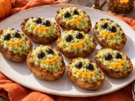 Grilled potato skins with avocado mash, cheddar teeth, and black olive eyes.