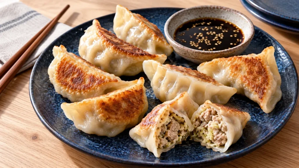 Pork and ginger potstickers with crisp golden bases and soy-vinegar dipping sauce.