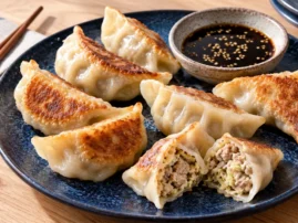 Pork and ginger potstickers with crisp golden bases and soy-vinegar dipping sauce.