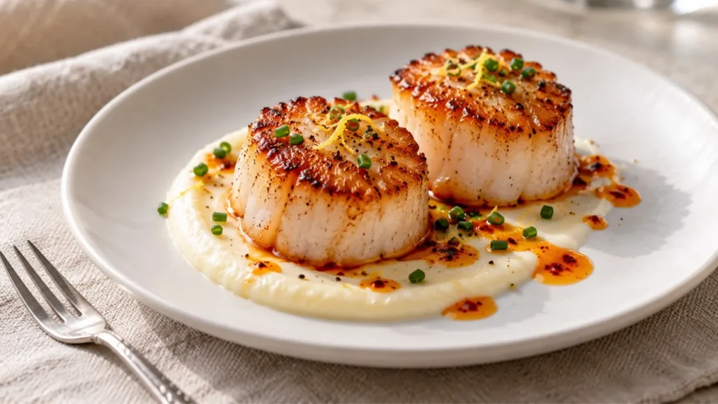 Cast-iron seared scallops over cauliflower cream with chile oil and chives.
