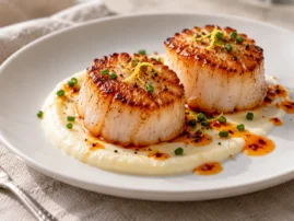 Cast-iron seared scallops over cauliflower cream with chile oil and chives.