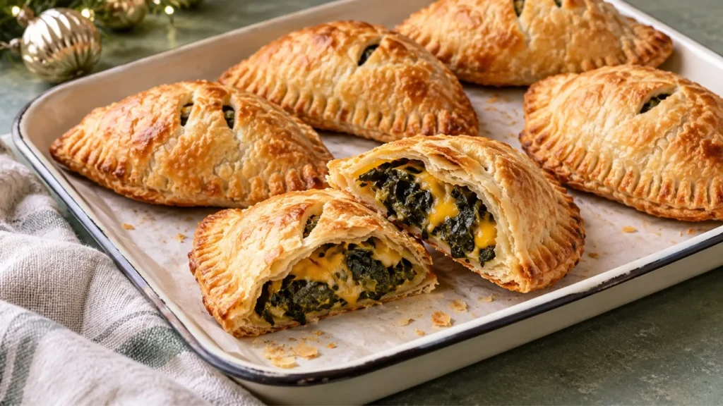 Golden hand pies filled with collard greens and cheddar, with one pie cut open.