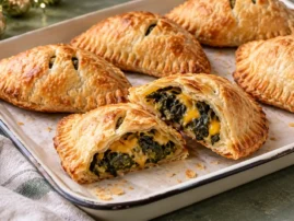 Golden hand pies filled with collard greens and cheddar, with one pie cut open.