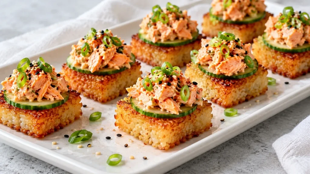 Crispy rice squares topped with cucumber, spicy cooked salmon, scallions, and sesame seeds.