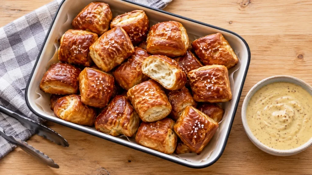 Soft pretzel bites sprinkled with coarse salt beside a bowl of mustard cream.