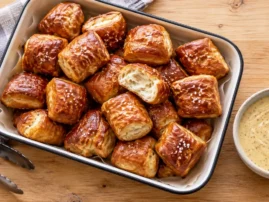 Soft pretzel bites sprinkled with coarse salt beside a bowl of mustard cream.
