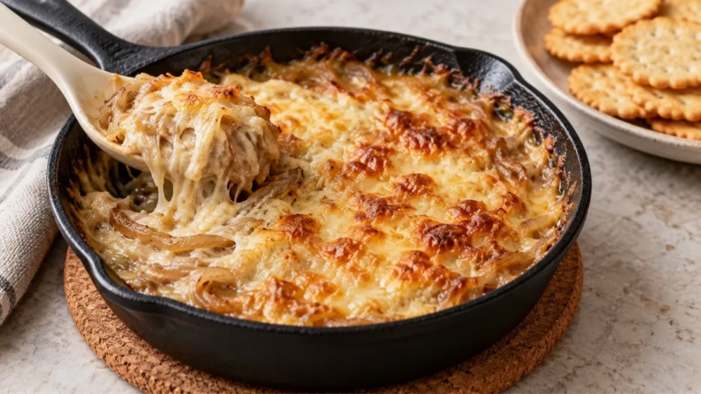 Warm onion and Gruyere dip with a browned cheese top in a cast-iron skillet.