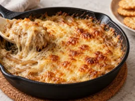 Warm onion and Gruyere dip with a browned cheese top in a cast-iron skillet.