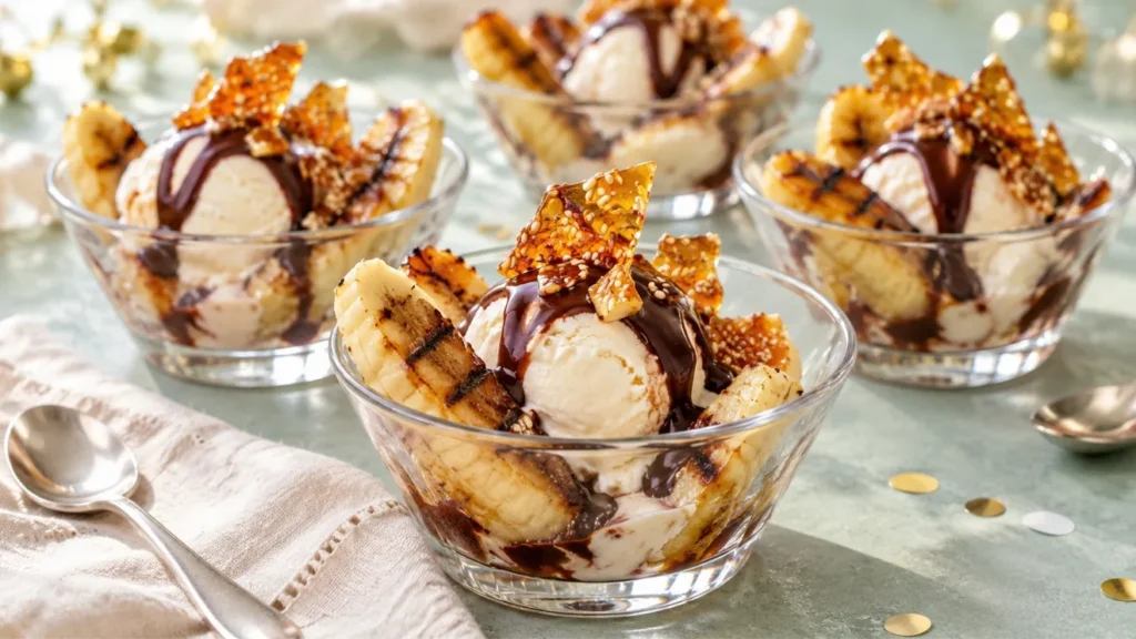 Grilled banana sundaes with vanilla ice cream, chocolate sauce, and sesame crunch.