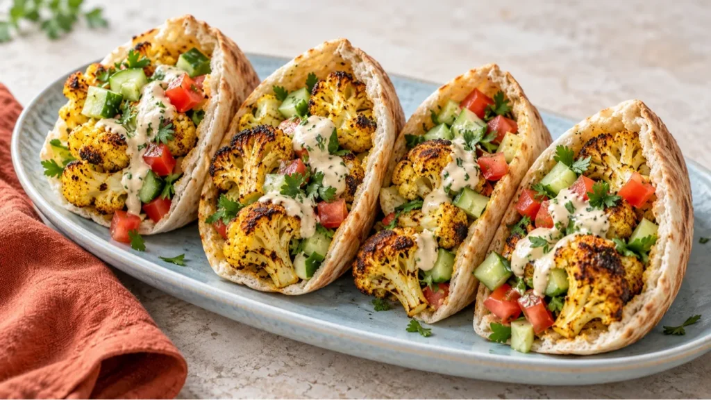 Pita pockets filled with grilled spiced cauliflower, cucumber, tomato, parsley, and tahini sauce.
