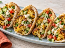 Pita pockets filled with grilled spiced cauliflower, cucumber, tomato, parsley, and tahini sauce.