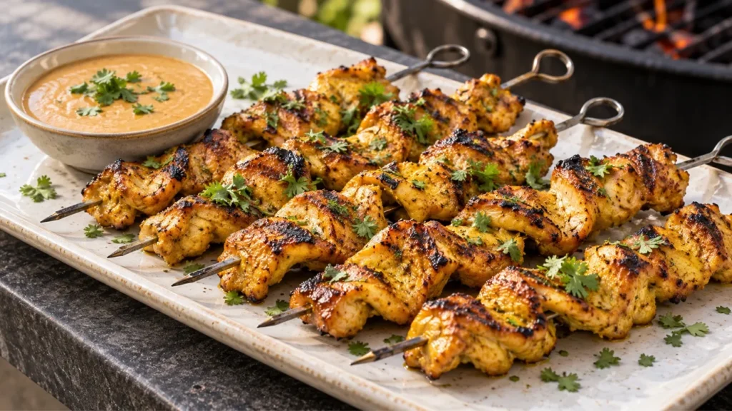 Grilled chicken satay skewers with peanut-lime dipping sauce and cilantro.