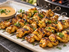 Grilled chicken satay skewers with peanut-lime dipping sauce and cilantro.