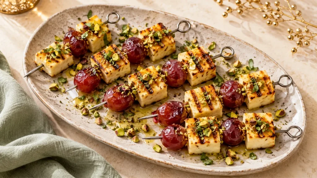 Grilled halloumi and red grape skewers topped with chopped pistachios and mint.