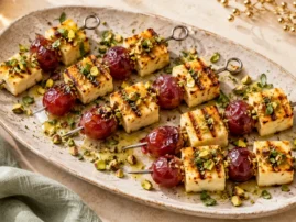 Grilled halloumi and red grape skewers topped with chopped pistachios and mint.