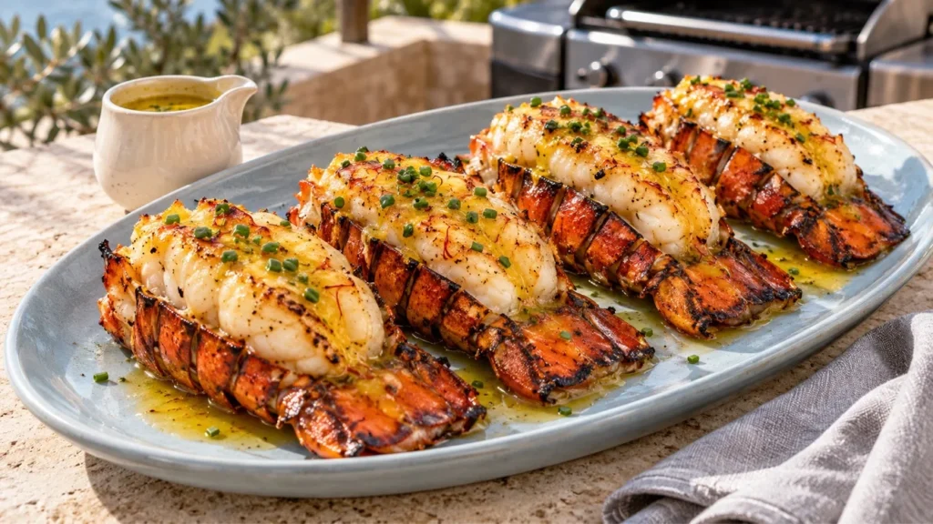 Grilled lobster tails topped with golden saffron-citrus butter and chopped chives.
